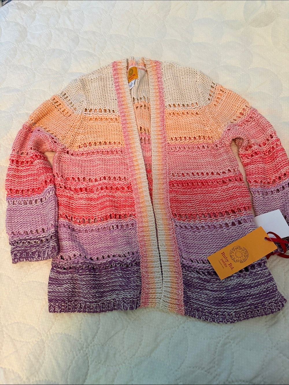 Ruby Rd. Pastel Ombre Open-Front Cardigan - Cream, Peach, Pink, Lavender, Purple